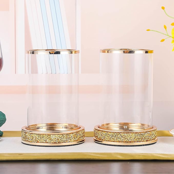 Pillar Candle Holders Set of 2,Hurricane Candle Holders,Candlesticks Holder With Glass Hurricane Lid,Metal Candle Holder For Coffee Dining Table, Wedding, Christmas, Home Decoration,Gold Candle Holder