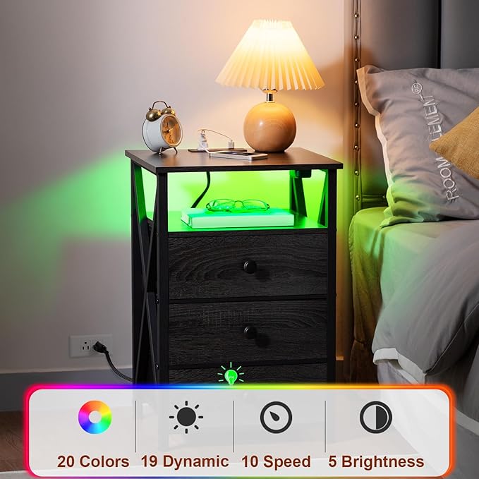 AMHANCIBLE LED Nightstand with Charging Station, Smart End Side Table with USB Port & Power Outlet, Bedside Table with Fabric Drawers for Bedroom, Living Room, Dark Grey, HET053LDG-1