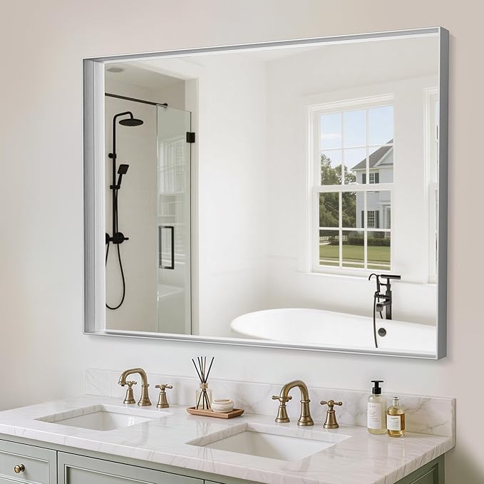 Suidia Bathroom Mirror, 30" x 40" Wall Mirror Metal Framed, Bathroom Vanity Mirror for Living Room Bedroom Bathroom Entryway, Silver, Rect Corner Style