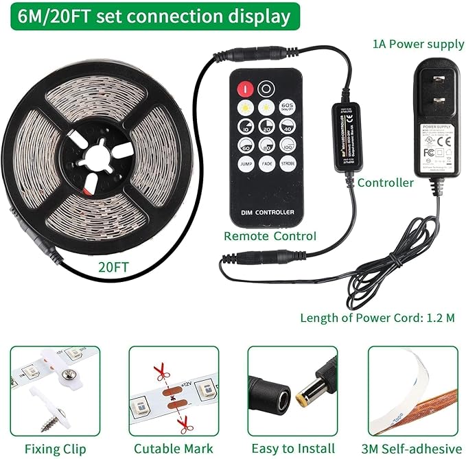 20ft Black Light Strip with Remote, 360 LED Lamp Beads, 12V Flexible Lights for Glow Party, Adjust Brightness, Delay Off, 3 Light Modes, Indoor Fluorescent Party, Stage Lighting