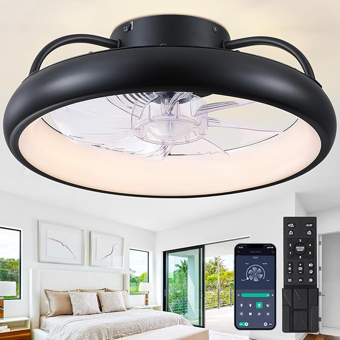 Ceiling Fans,Flush Mount Ceiling Fans with Lights and Remote Control, Low Profile Ceiling Fan with Light and Remote, Modern Ceiling Fan, Reversible, Dimmable, Noiseless(Black)