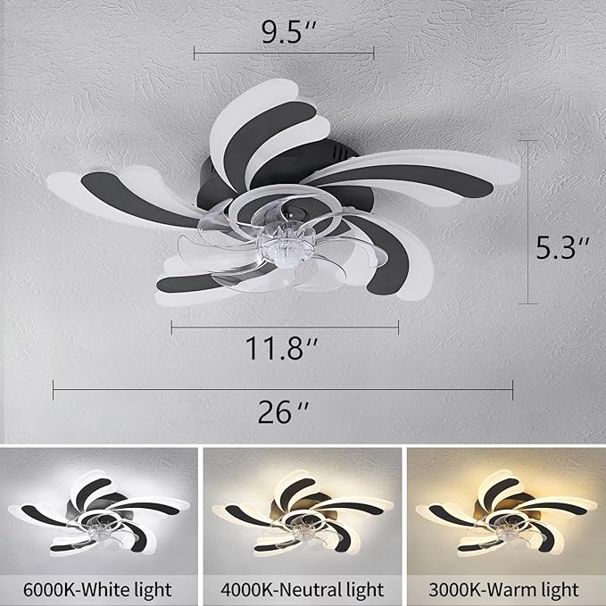 Ceiling Fan with Lights Remote Control, Black Modern Ceiling Fan with Light, 3 Light Color 6 Speeds Low Profile Flush Mount Ceiling Fan for Kitchen Bedroom Living Room