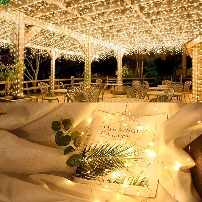 Brizled 2 Pack Solar String Lights, Total 132FT 400 LED Outdoor Solar Fairy Lights, 8 Modes Solar Twinkle Lights, Waterproof Mini LED Solar String Lights for Christmas Garden Party Decor, Warm White