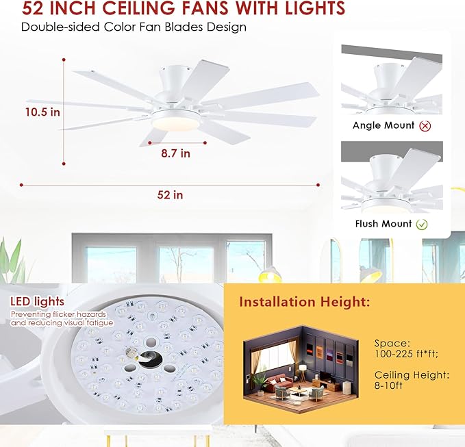 Ceiling Fans with Lights- 52" Low Profile Indoor Ceiling Fan with Light and Remote/APP Control, 8 Blade,Flush Mount, LED Dimmable DC Reversible Modern Ceiling Fan for Bedroom（White）