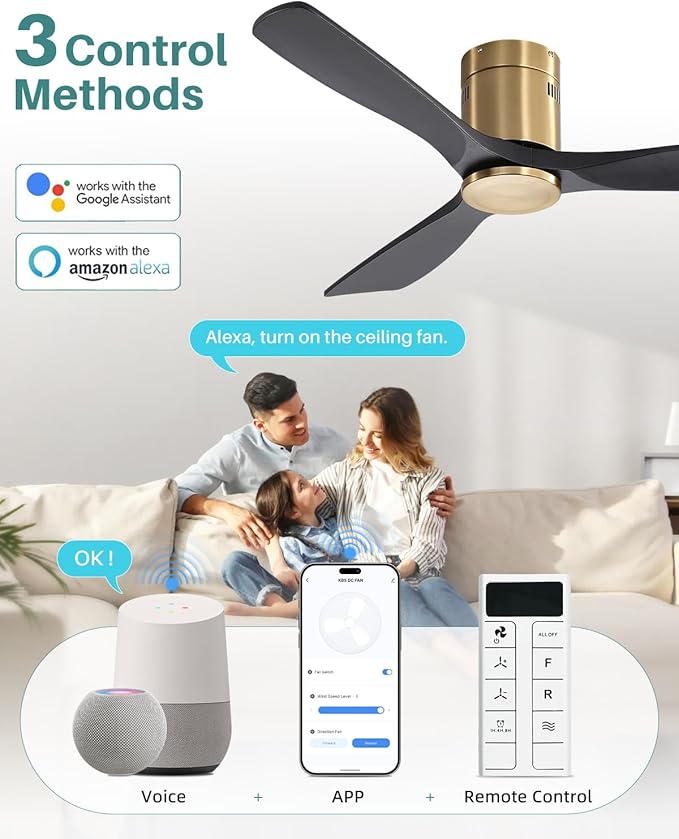 Sofucor 52 Inch Smart Ceiling Fan Without Lights Flush Mount Solid Wood Ceiling Fan with Alexa/Google Assistant/APP/Remote Control-Modern Outdoor Ceiling Fans No Light for Bedroom/Patio, Black Gold