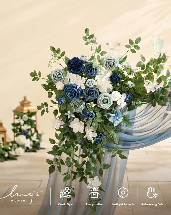 Ling's moment 2PCS Dusty Blue Artificial Floral Swags Centerpieces Wedding Flower Rose Garland Greenery Arrangements for Sweetheart Table Decor Backdrop Arch Flowers Wall Home Garden Decorations