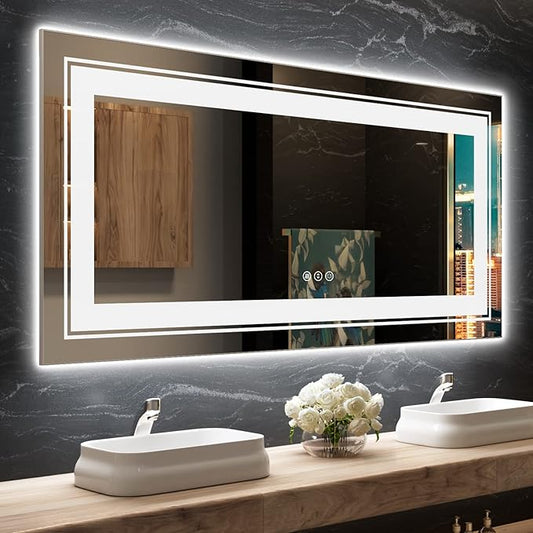 LED Bathroom Mirror, 60"X28" with Front and Backlit, Anti-Fog, Large Bathroom Vanity Mirror for Wall, Memory Function, Stepless Dimmable, Tempered Glass (Horizontal/Vertical)