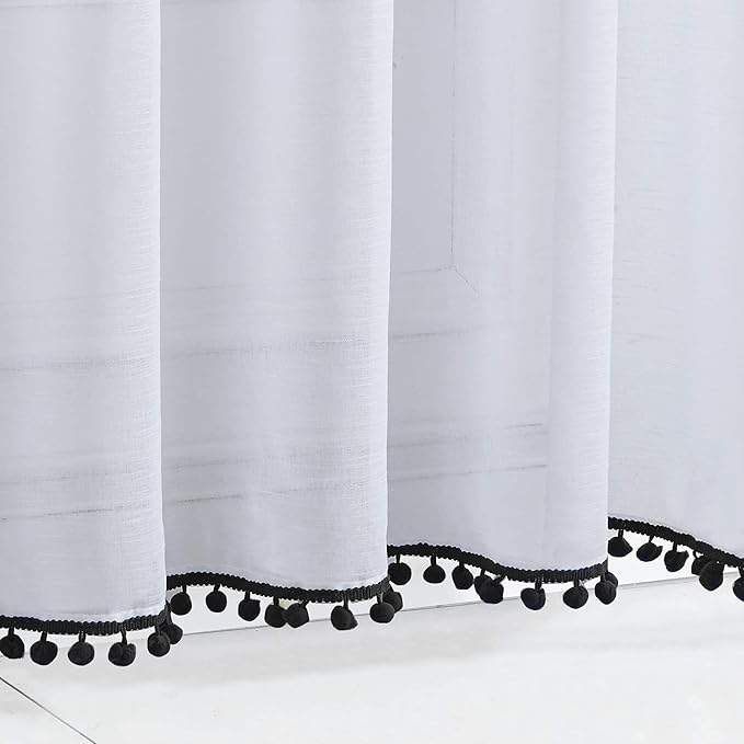 Treatmentex White Sheer Curtains Black Pompoms 63" inches Long Window Draperies for Boy's Room Bed Canopy 2 Panels Rod Pocket