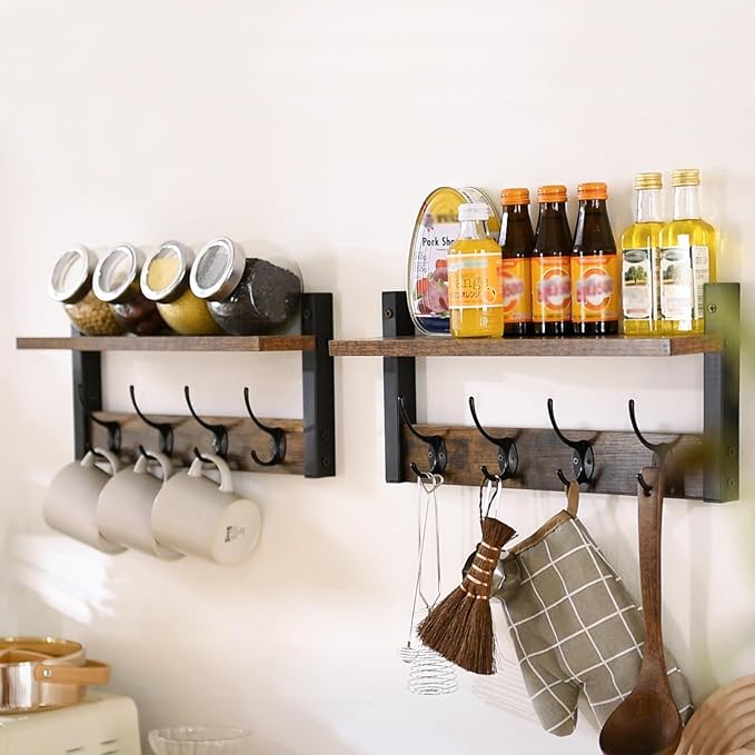 YMYNY Coat Rack Shelf Wall Mounted, Coat Hooks Set of 2, Entryway Coat Hanger with 8 Hooks, 31.5" Wall Floating Shelf with Hat Rack, for Kitchen, Bedroom, Bathroom, Rustic Brown UHWS001H-2
