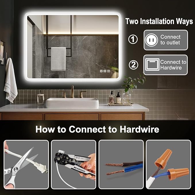 S'bagno 32"x24" LED-Lighted-Bathroom-Mirror, Wall-Mounted-Dimmable-Vanity-Mirror, Bluetooth Speaker Anti-Fog Waterproof Smart Touch Button 3 Colors Bathroom-Lighted-Mirror, Vertical/Horizontal