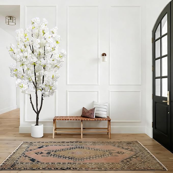 Faux White Cherry Blossom 6ft(72in) Artificial Floor Plant for Indoor Decor Natural Potted Tree with Texture Flowers and Realistic Wood Trunk for Home Living Room,Office Perfect Housewarming Gift