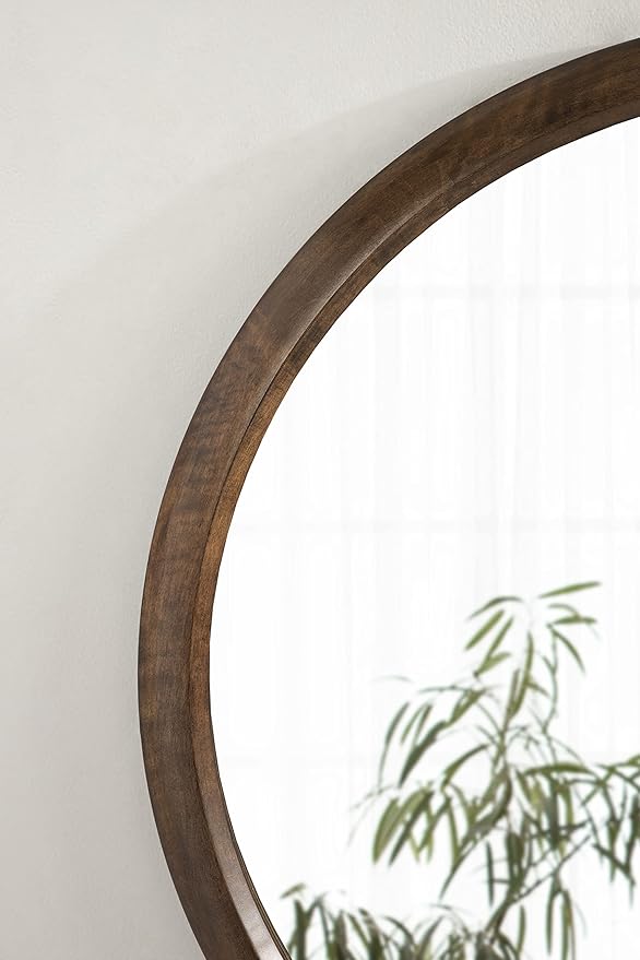 Kate and Laurel Pao Midcentury Modern Round Wood Wall Mirror; 28 Inch Diameter; Walnut; Decorative Circle Mirror with Warm Wood Finish for Robust Wall Decor