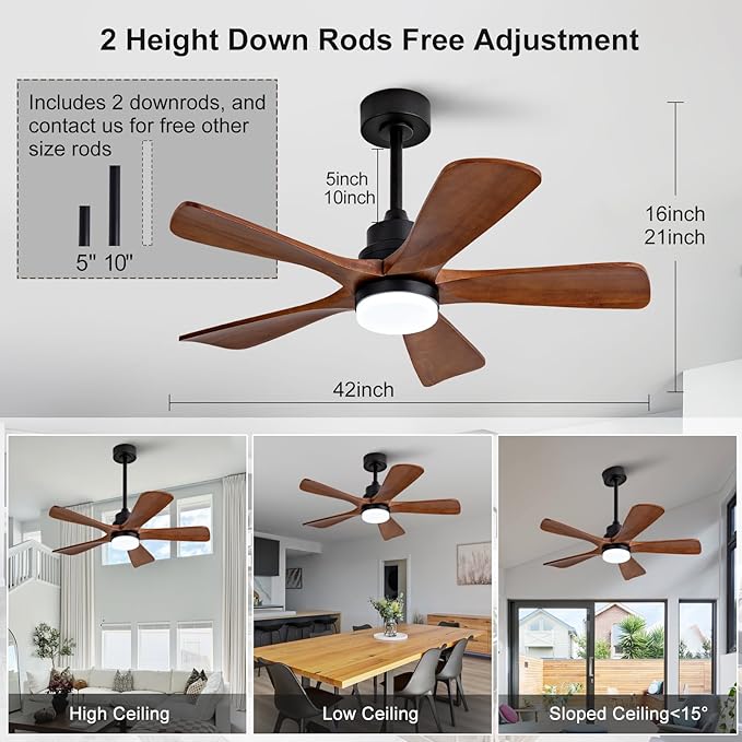 42 Inch Ceiling Fans with Lights and Remote Control, Outdoor Ceiling Fan for Patios, Black Ceiling Fan with Lights for Bedroom, Noiseless DC Motor, Dimmable Led 5 Solid Wood Blades