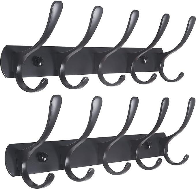 SKOLOO Modern Metal Wall Coat Rack with 5 Hooks, Pack of 2, Sturdy Wall Hook Rack for Hanging Coat, Jacket, Clothes, Hat, Matte Black