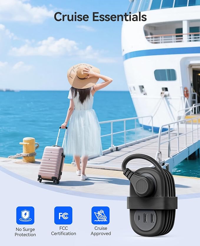 ORICO Pocket Power Strip for Travel, 5 in 1 Extension Cord with 2 AC Outlets 2 USB-A and 1 USB-C Ports, 3.7 ft Flat Plug Wrapped Around Power Strip for Cruise Office, Hotel, Home- AP3 (Black)