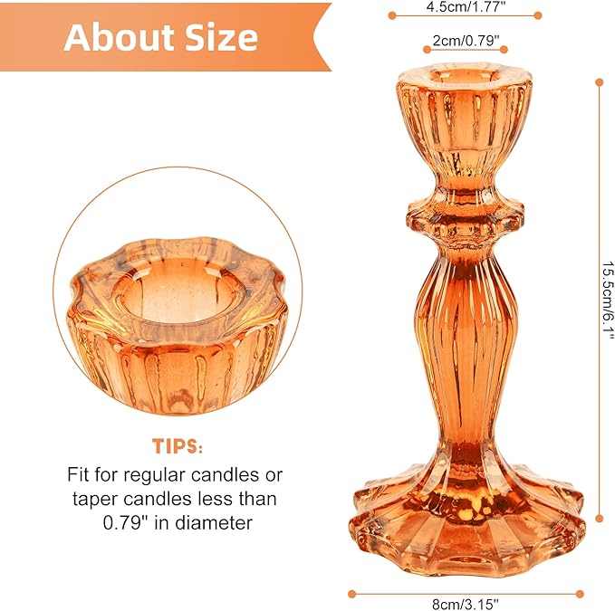 Glass Candle Holders, 2PCS Pillar Candle Holders Decorative Candlestick Holders Table Centerpieces Valentines Wedding Home Decor, Orange