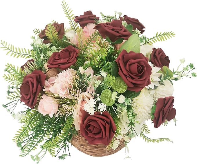 Artificial Flowers 25pcs Fake Roses, Burgundy Foam Rose Faux Flower for DIY Wedding Bouquets Bridal Shower Centerpieces Floral Arrangements Home Decorations Party Backdrops Table