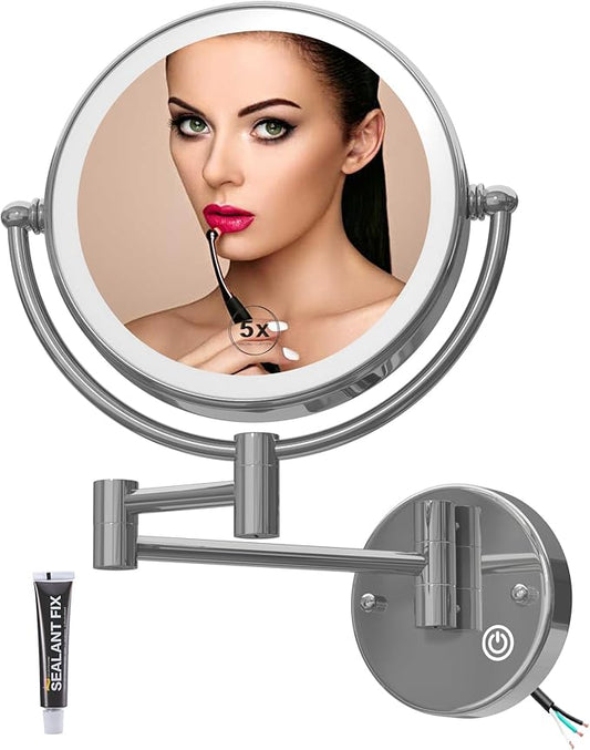 Wall Mounted Makeup Mirror with Lights Hardwired, 1/5X Magnifying Double Sided Touch Dimming, 360 Rotation Extension Arm Shaving Light up Mirror for Bathroom, Chrome