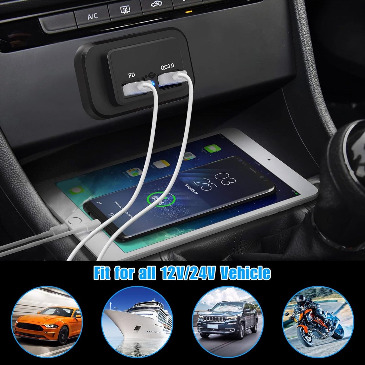 Linkstyle 2PCS RV USB Outlets - Dual USB Ports (USB-A and USB-C) with Blue LED Indicator, Surface Mount 12V USB Outlets
