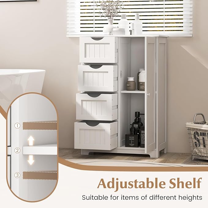 Giantex Storage Cabinet with 4 Drawers, Bathroom Storage Organizer with Cupboard, Adjustable Shelf, Anti-Toppling Device, Floor Cabinet, Entryway Storage Unit Console Table, White