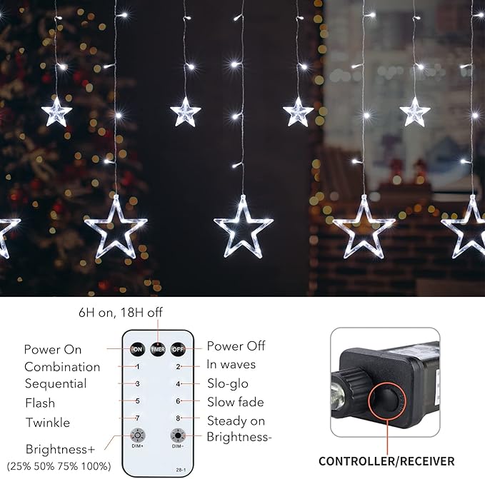 Star Curtain Lights for Bedroom - Plug-in 9ft 138 LED Fairy Twinkle Lights with 12 Star Drops, Connectable Window Lights with Remote 8 Lighting Modes for Indoor Xmas Ramadan Decoration, White