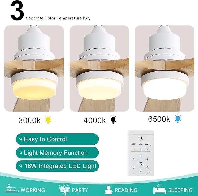 Sofucor Ceiling Fan with Lights, 52 Inch Modern Wood White Ceiling Fan with Remote for Indoor Farmhouse Bedroom Living Room Outdoor Patio Porch, Reversible DC Motor, 3 Blades, Noiseless