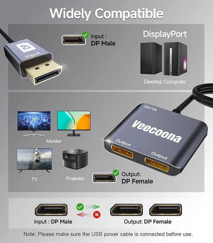 DisplayPort to Dual DisplayPort Splitter 1 in 2 Out | 4K60Hz, DP Source to DP Splitter Extended Display port splitter for Dual monitors, for Desktop,NVIDIA, AMD Graphics Card - MACOS Not Support MST