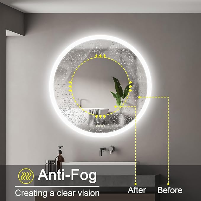 Wall-Mounted LED Round Bathroom Mirror, Makeup Mirror (36inches x36 inches,) 3 Color Stepless Dimmable Memory Bathroom Vanity Mirror with Lights CRI90+ 3000-6400K Smart Mirror with Touch
