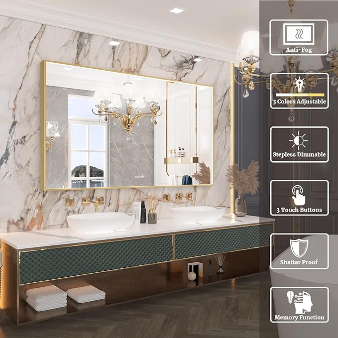 55x32 Inch LED Bathroom Mirror, Gold Metal Framed Lighted Mirror for Bathroom, Wall Mouted LED Vanity Mirror with Lights, 3 Colors and Stepless Dimmable, Anti-Fog, Memory