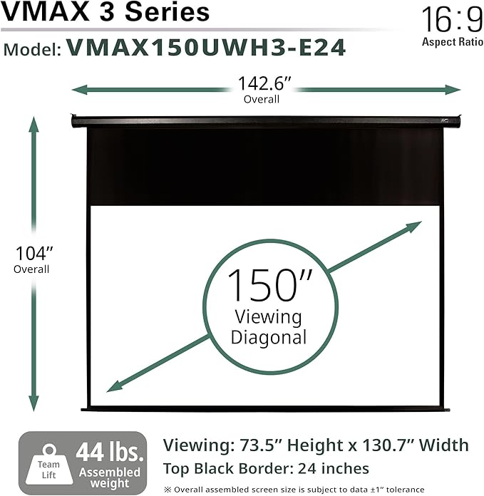 Elite Screens VMAX 3, 150-INCH Extra 24" Drop, Motorized Drop Down Projector Screen, Movie Cinema Gaming VMAX150UWH3-E24