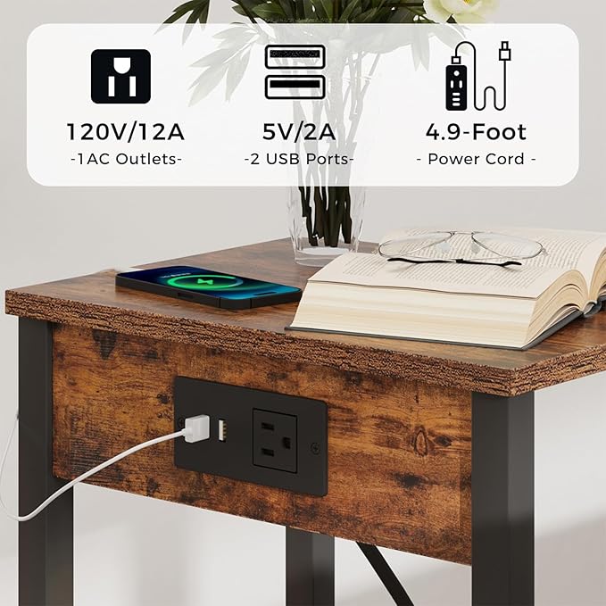 VIMBER Set of 2 End Table with Charging Station, Narrow Side Table with USB Ports and Outlets, Nightstands with 2-Tier Storage Shelves, Sofa Table for Small Space Living Room Bedroom