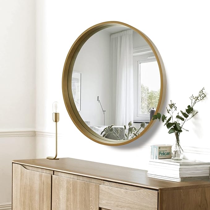 WallBeyond Round Mirror with Wood Frame, 28" Circle Modern Decoration Large Home Decor Mirror for Bathroom Living Room Bedroom Entryway (28" Diameter, Natural Wood)