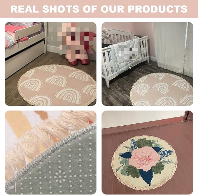 Round Boho Rug Scandinavian Cartoon Rainbows with Clouds Flowers and Stars in Pastel Area Linen Carpet Patio Hallway Runner Mat Pad Minimalist Home Decor for Living Room Outdoor, 3 ft