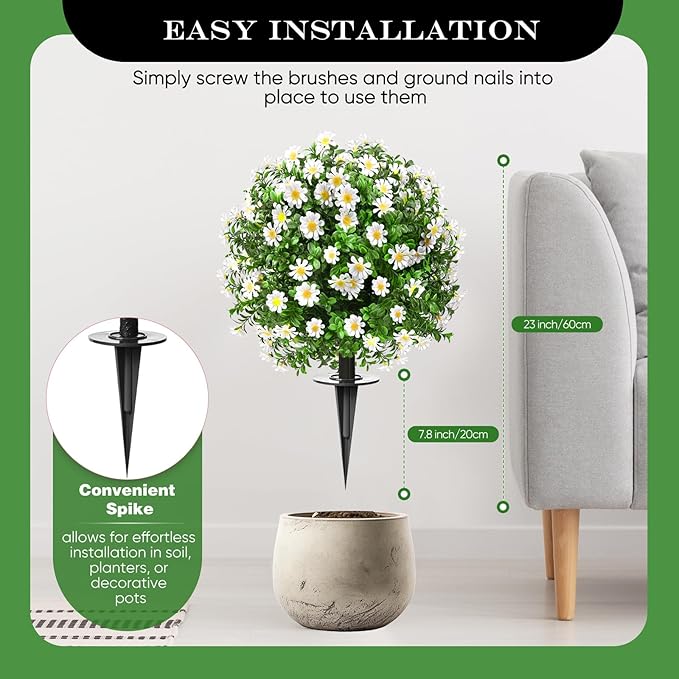 23" Set of 2 Artificial Boxwood Topiary Ball with Sunflower Flowers with Spikes for Outdoor, UV Resistant Faux Greenery Shrubs, Realistic Fake Bushes Plants for Garden, Yard, Front Porch, Patio Decor