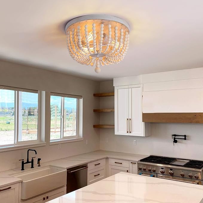 Q&S Wood Beaded Chandelier,Boho Farmhouse Light Fixture,Oak White,3 Lights,Semi Flush Mount Ceiling Light Fixtures for Hallway Baby's Nursery Bedroom Kitchen Living Room