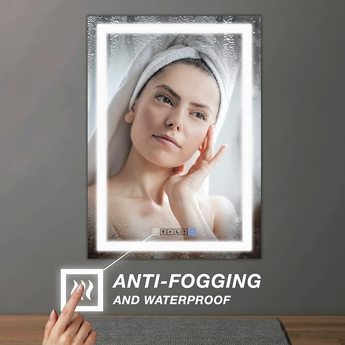 Bathroom Vanity LED Mirror for Wall with Anti Fog, Dimmable Touch Button, Adjustable Color Temperature, Memory Function 30"x40" by Fab Glass and Mirror