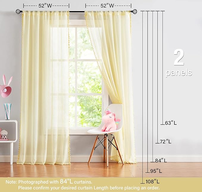 Treatmentex Sheer Curtains for Bedroom Children's Room Yellow 108 inches Long Linen Textured Window Drapes with Cute Pom Pom Tassle 2 Panels 52" w Rod Pocket Header
