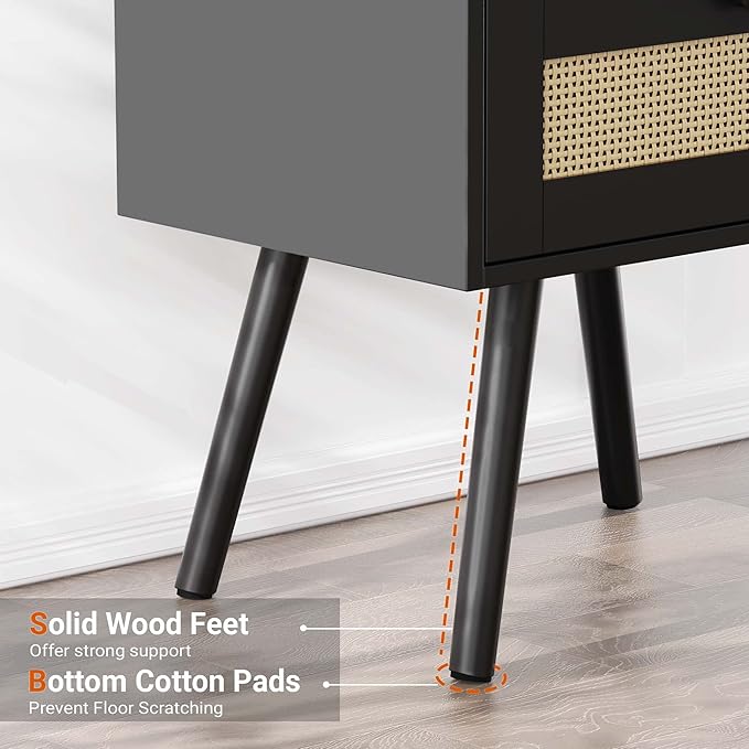 SUPERJARE Nightstands with Charging Station, Bedside Table Set of 2 with PE Rattan Drawers, Rattan Side Table with Storage & Solid Wood Feet, End Table for Bedroom, Black