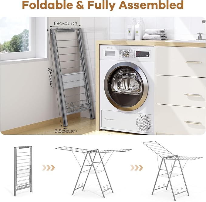 APEXCHASER Drying Rack Clothing, Clothes Drying Rack Foldable, Metal Laundry Drying Rack Collapsible for Sweater Towel Indoor & Outdoor, Height Adjustable Gullwing Clothes Airer, Grey