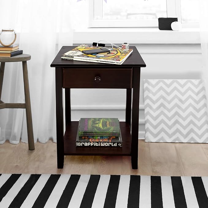 Casual Home Owl Night Stand with USB Port Charging Station and Drawer, 17.5"W x 14.25"D x 24.5"H, Espresso