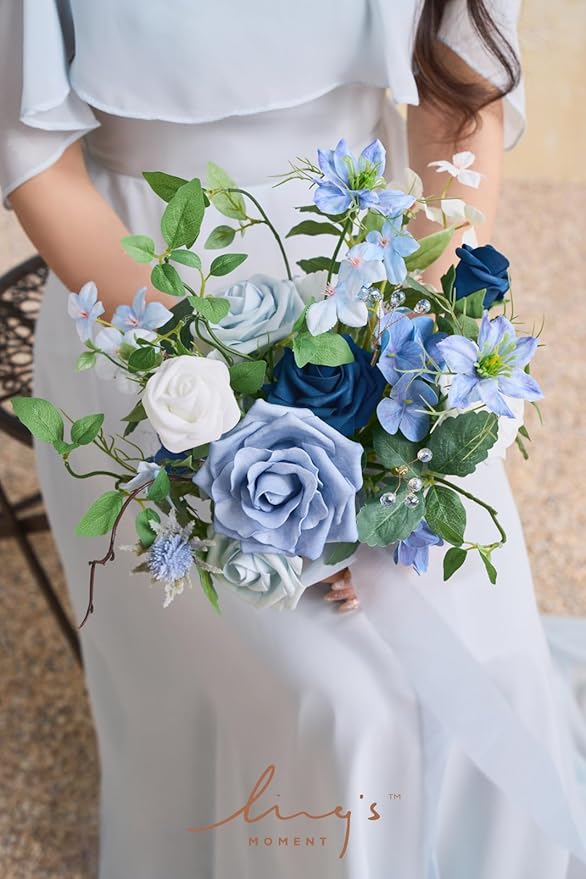 Ling's Moment Artificial Flowers Fake Silk Roses Faux Foam Gardenia Combo for DIY Wedding Bouquets Centerpieces Arrangements Bridal Shower Party Home Decorations, Dusty Blue & Ivory, 23pcs