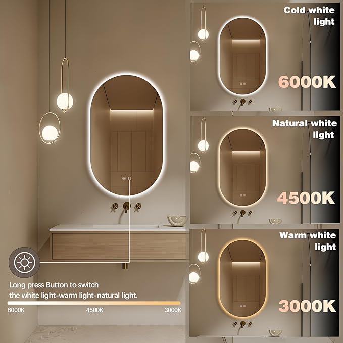 40" x 24" Oval LED Mirror for Bathroom, Backlit Vanity Mirror with Lights, Frameless Smart Wall Mirror, 3 Colors Stepless Dimmable, Anti-Fog, Shatterproof, Memory, CRI95+(Horizontal/Vertical)