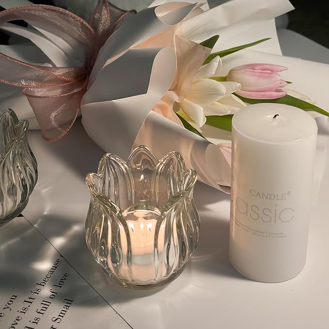 Tulip Votive Candle Holders Set of 12, Tea Light Candle Holder Glass for Table Centerpiece, Tealight Candle Holders for Wedding Déco, Birthday, Anniversary, Parties, and Holiday (Clear)