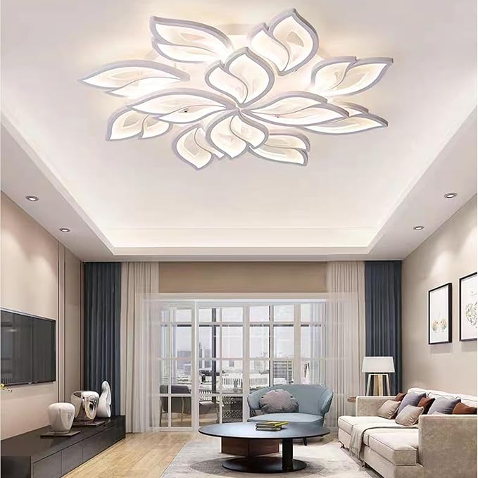 Garwarm Modern Ceiling Light,32” Dimmable LED Chandelier Flush Mount Ceiling Lights,Remote Control Acrylic Leaf Ceiling Lamp Fixture for Living Room Dining Room Bedroom Kitchen(90W /White)