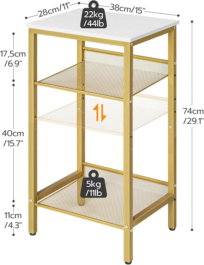 HOOBRO Side Table, 3-Tier Tall End Telephone Table with Adjustable Mesh Shelves, Small Entry Table for Living Room Bedroom Hallway or Office, White and Gold DW01DH01G1
