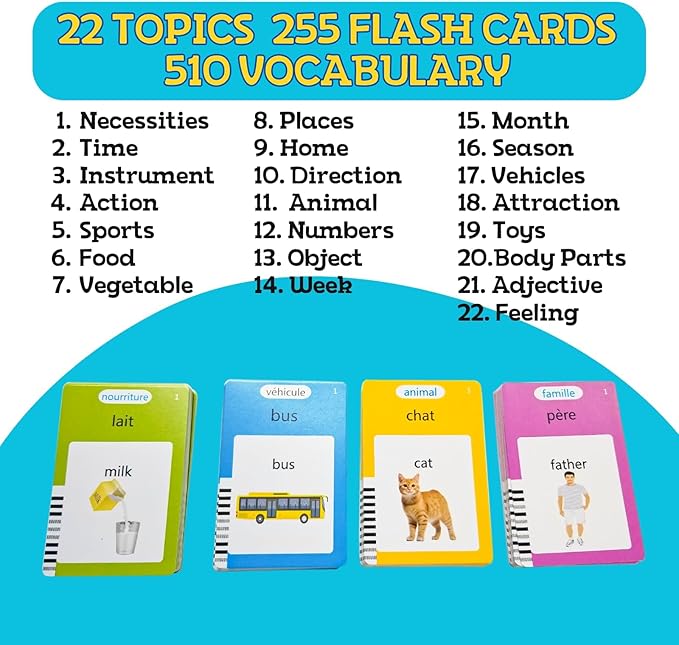 ZEENKIND French & English Talking Flash Cards with 510 Sight Words for Toddlers 3-6 Years Old, Learn French for Kids, Audible Pocket Speech Early Learning Bilingual Flashcard Toys, 255 Cards