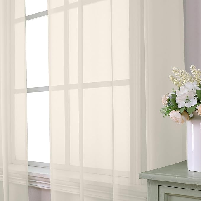 Aiyufeng Cream Sheer Curtains 54 Inch Length 2 Panels Set for Living Room, Light Filtering Green Window Sheers Drapes for Bedroom, Each 42" W x 54" L