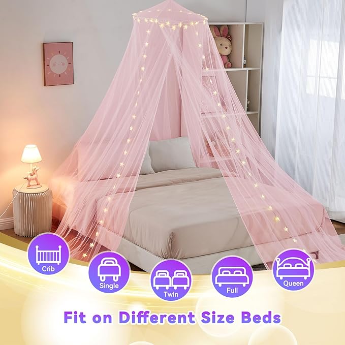 Pink Bed Canopy for Girls,Canopy Bed Curtains with Star Lights,Battery/USB Operated Bed Canopy,Princess Canopy for Baby Cribs, Kid Beds, Girls Beds Or Full Size Beds