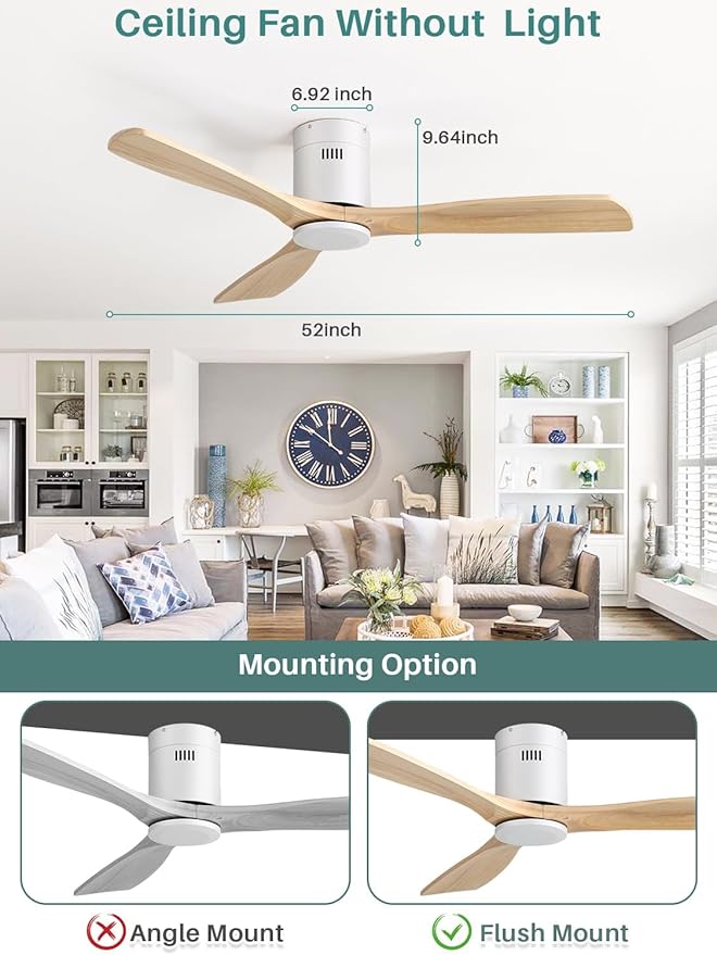 Sofucor 52 Inch Smart Ceiling Fan Without Light Flush Mount Solid Wood Ceiling Fan with Alexa/Google/APP/Remote Control-Modern Outdoor Ceiling Fans No Light for Bedroom/Patio/Indoor,Natural Wood&White