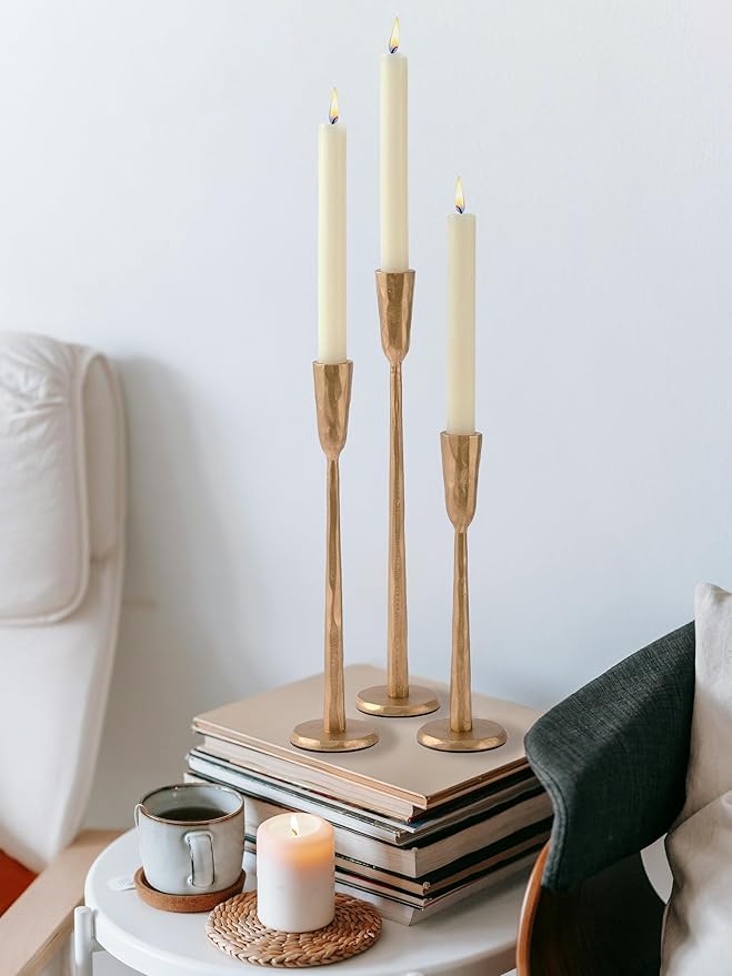 Gold Iron Taper Candle Holder Set of 3, Heavy Wrought Iron Candlestick Holders Decorative Candle Stand, Vintage Candle Holder for Wedding, Dining, Home Decoration
